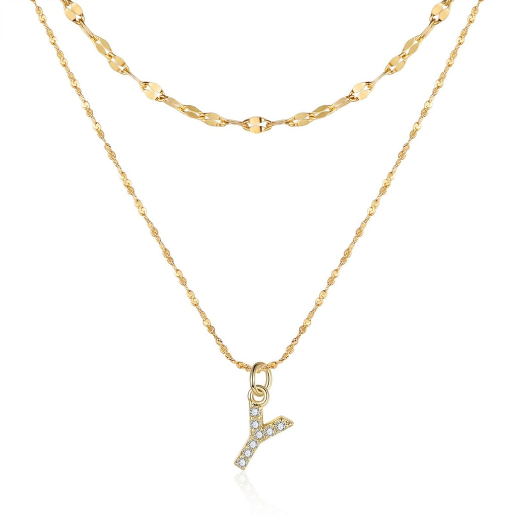 18ct gold-plated stainless steel necklace with initial letter and CZ stones, 40+5cm chain.