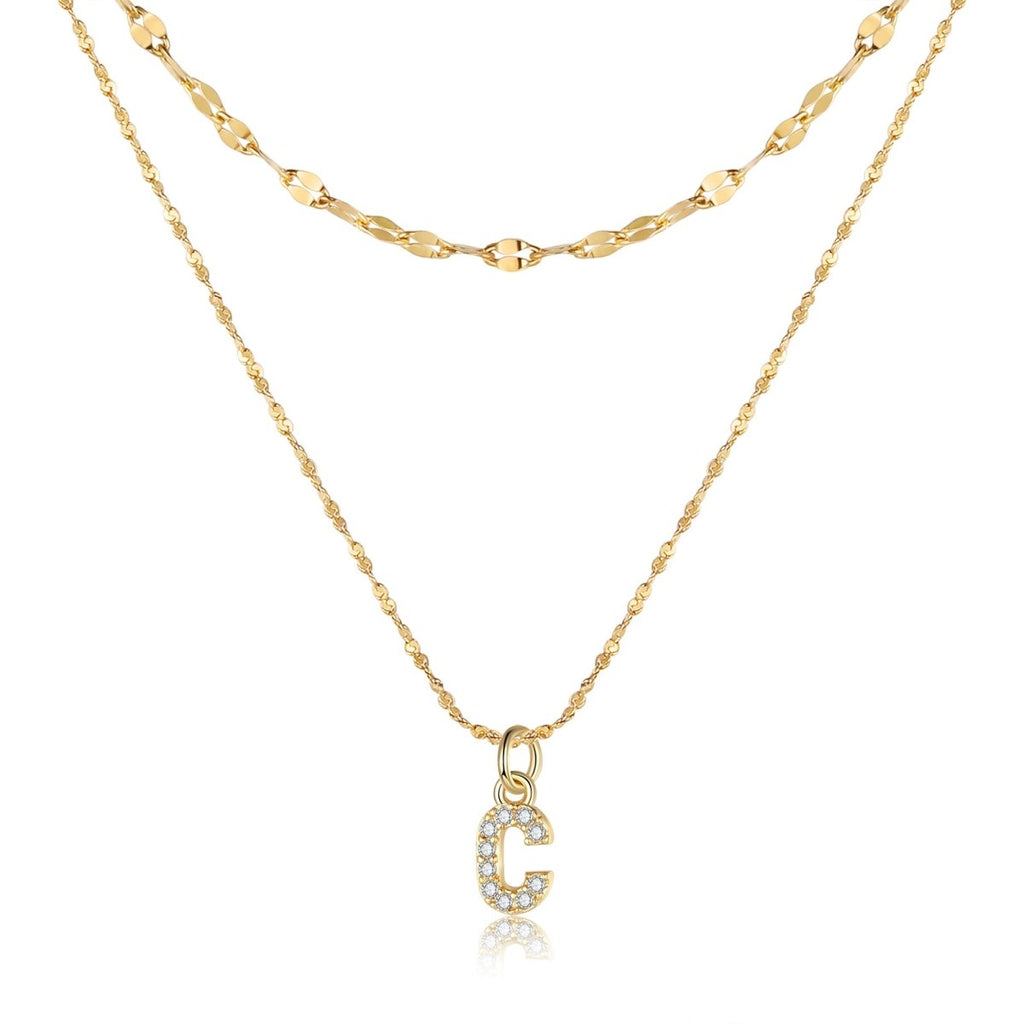 18ct gold-plated stainless steel necklace with initial letter and CZ stones, 40+5cm chain.