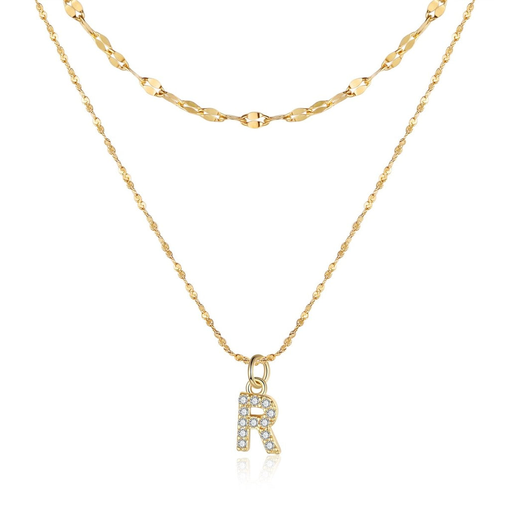 18ct gold-plated stainless steel necklace with initial letter and CZ stones, 40+5cm chain.