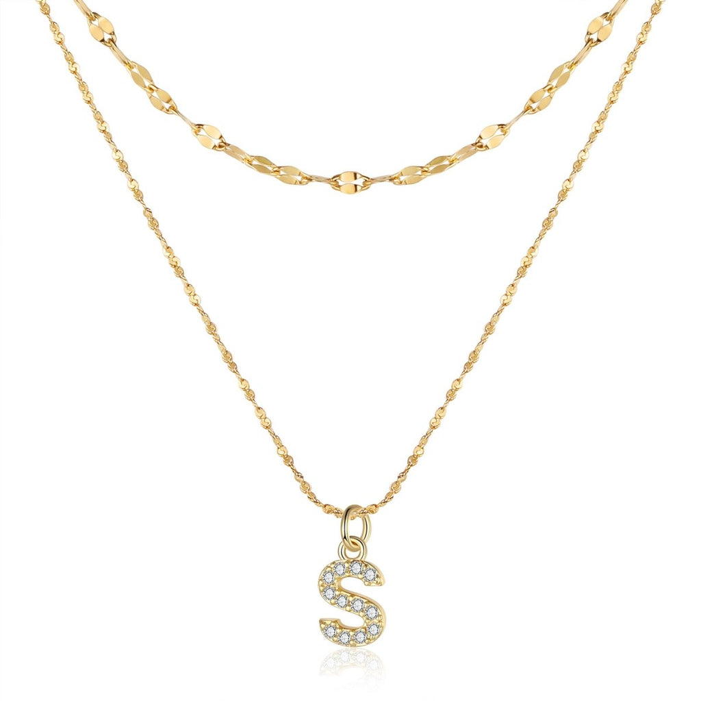 18ct gold-plated stainless steel necklace with initial letter and CZ stones, 40+5cm chain.