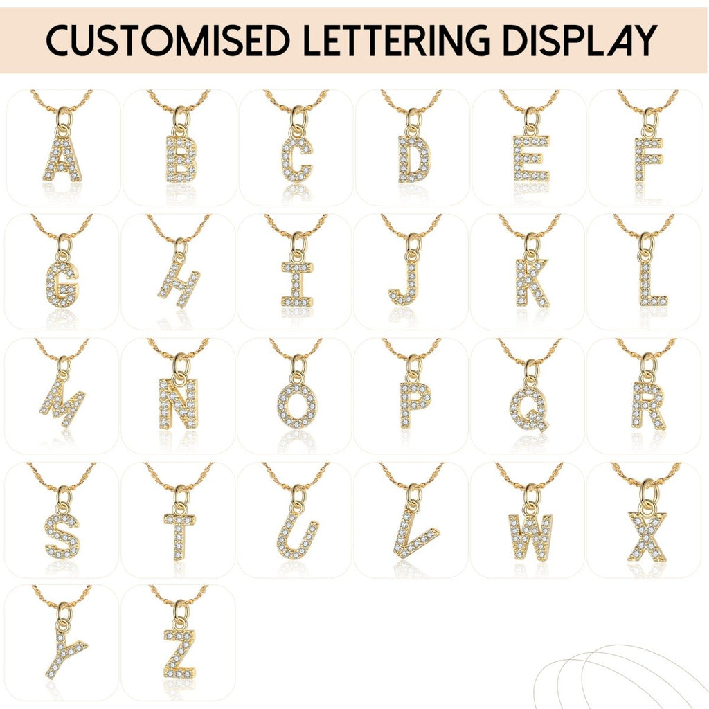 18ct gold-plated stainless steel necklace with initial letter and CZ stones, 40+5cm chain.