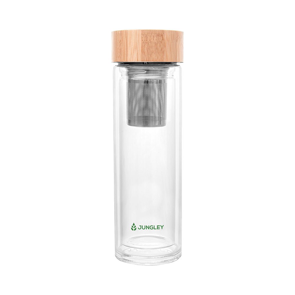 Eco-friendly glass tea tumbler with bamboo lid, stainless steel infuser, 23cm x 7.4cm, BPA-free.
