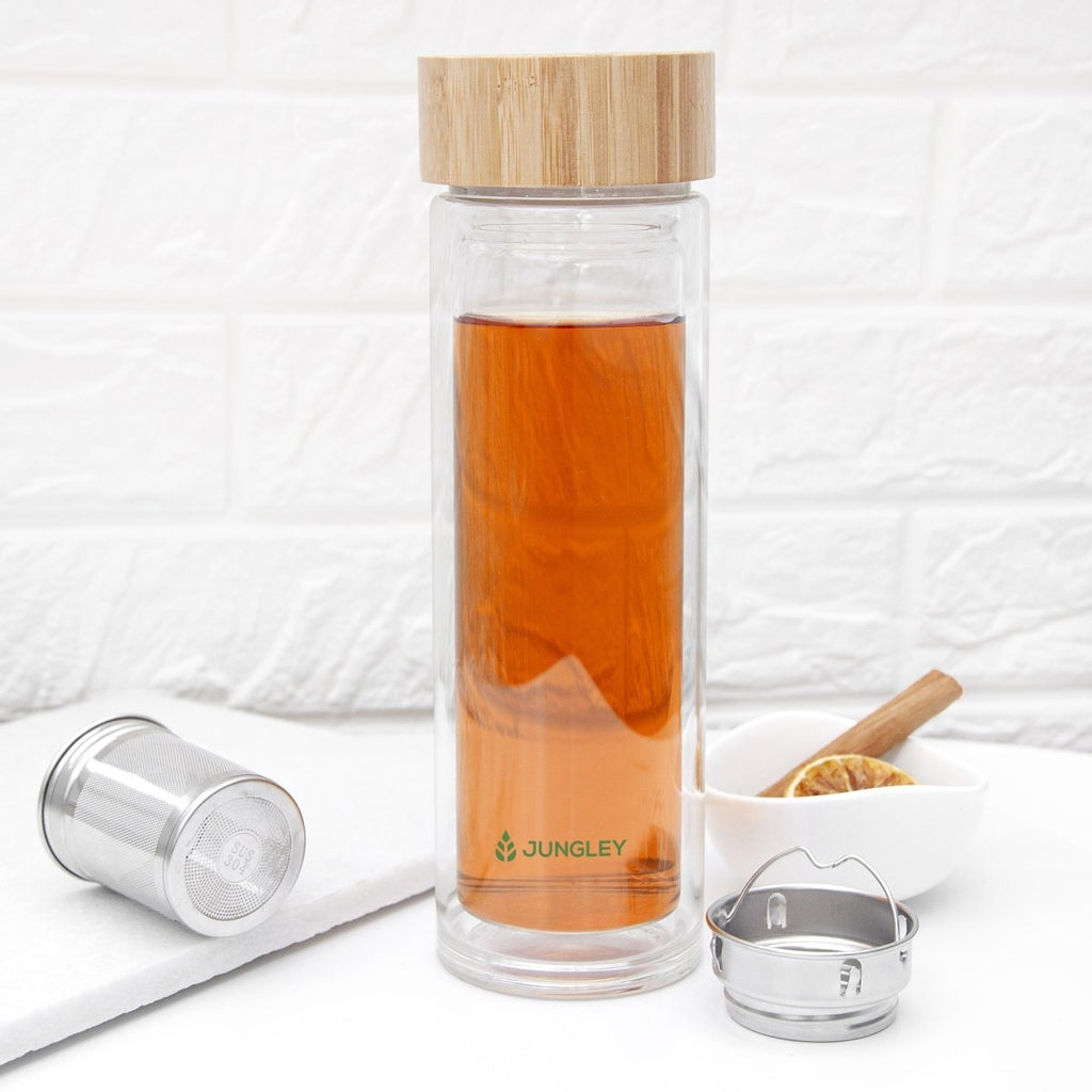 Eco-friendly glass tea tumbler with bamboo lid, stainless steel infuser, 23cm x 7.4cm, BPA-free.