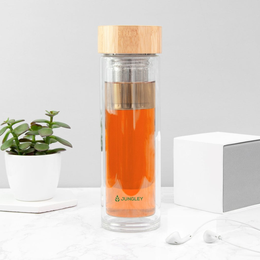 Eco-friendly glass tea tumbler with bamboo lid, stainless steel infuser, 23cm x 7.4cm, BPA-free.
