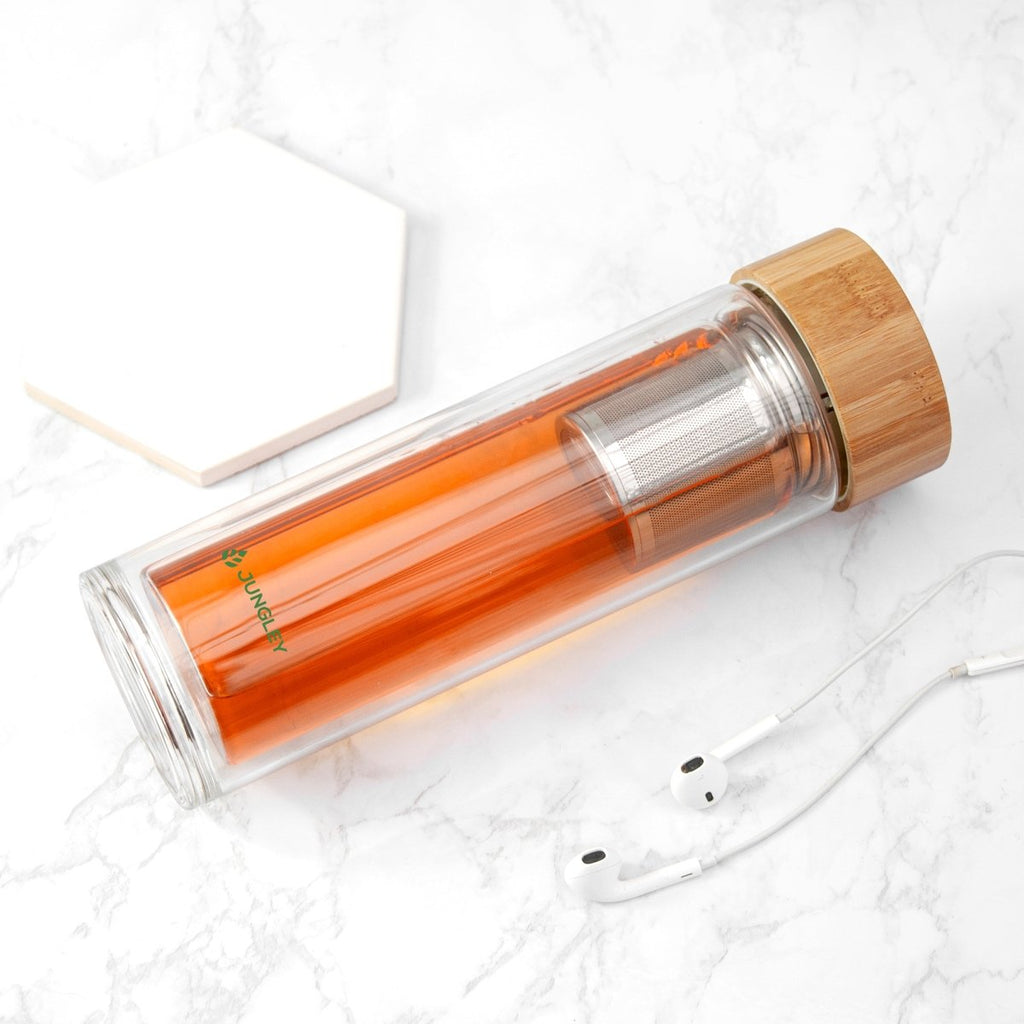 Eco-friendly glass tea tumbler with bamboo lid, stainless steel infuser, 23cm x 7.4cm, BPA-free.