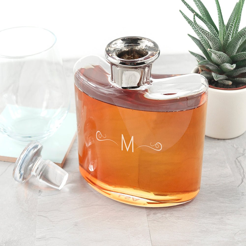 Elegant LSA decanter with a platinum neck, mouth-blown glass, and monogram engraving. Holds 0.35L whiskey.