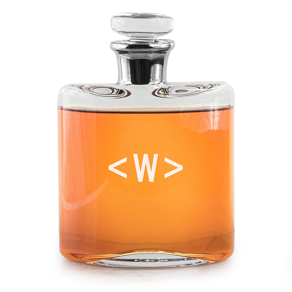 Elegant LSA decanter with a platinum neck, mouth-blown glass, and monogram engraving. Holds 0.35L whiskey.