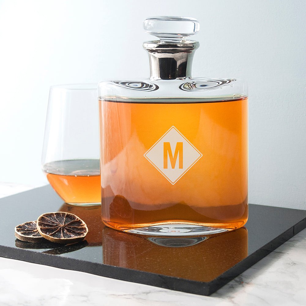 Elegant LSA decanter with a platinum neck, mouth-blown glass, and monogram engraving. Holds 0.35L whiskey.