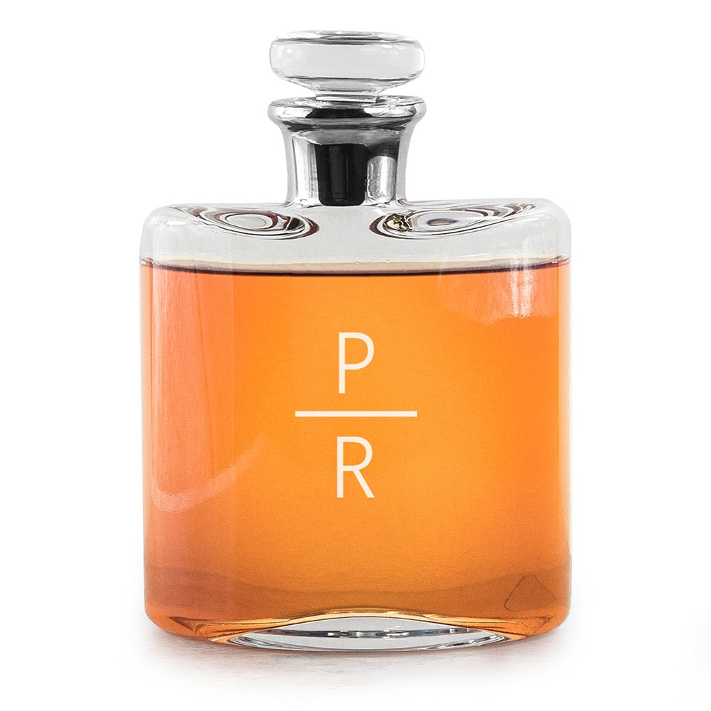 Elegant LSA decanter with a platinum neck, mouth-blown glass, and monogram engraving. Holds 0.35L whiskey.
