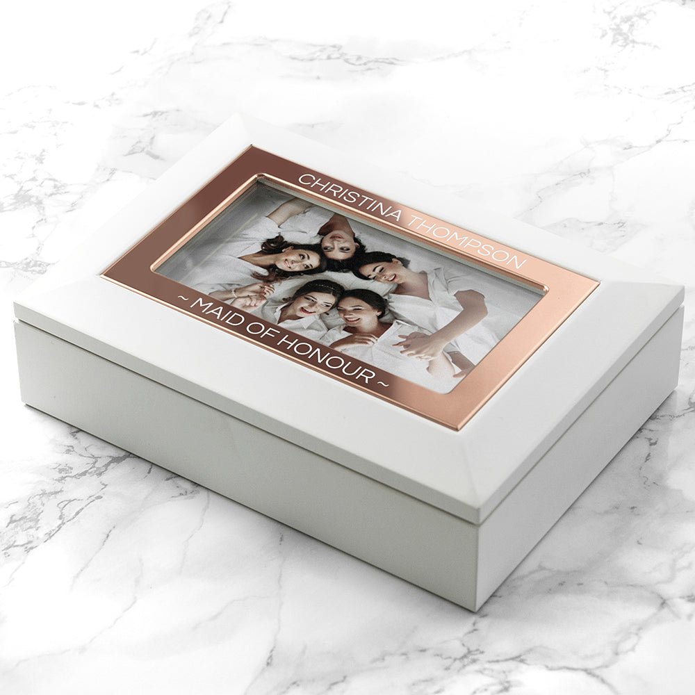 White and rose gold jewelry box with photo insert, 18x13cm, engravable frame, elegant storage gift.