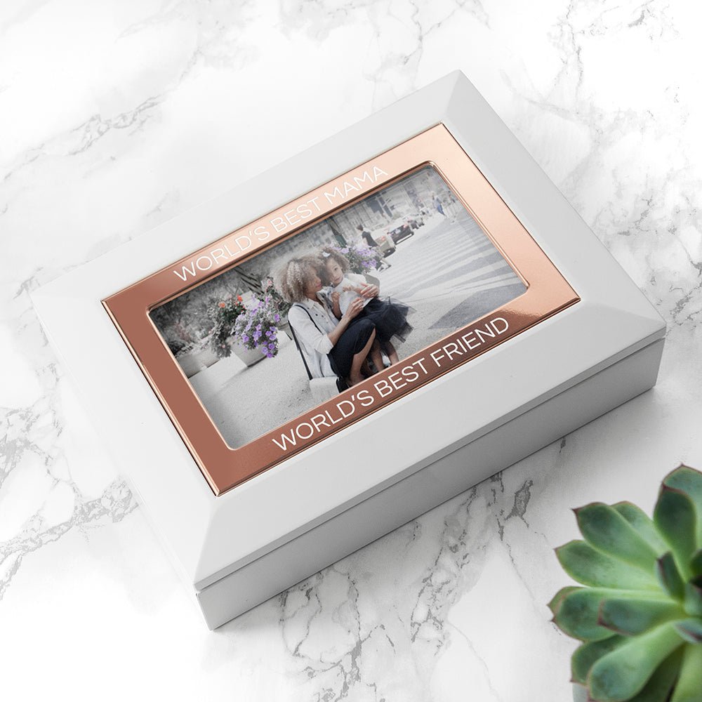 White and rose gold jewelry box with photo insert, 18x13cm, engravable frame, elegant storage gift.