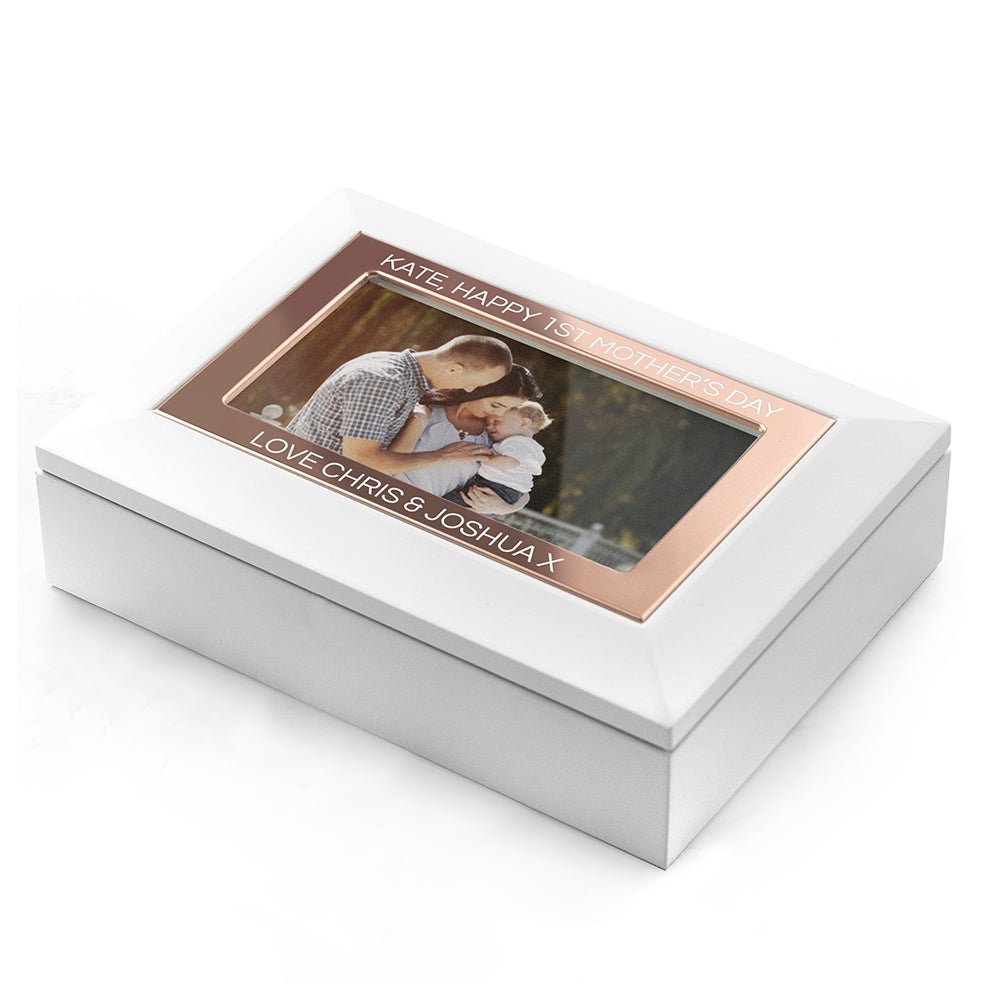 White and rose gold jewelry box with photo insert, 18x13cm, engravable frame, elegant storage gift.