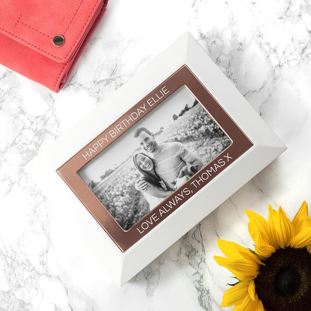 White and rose gold jewelry box with photo insert, 18x13cm, engravable frame, elegant storage gift.