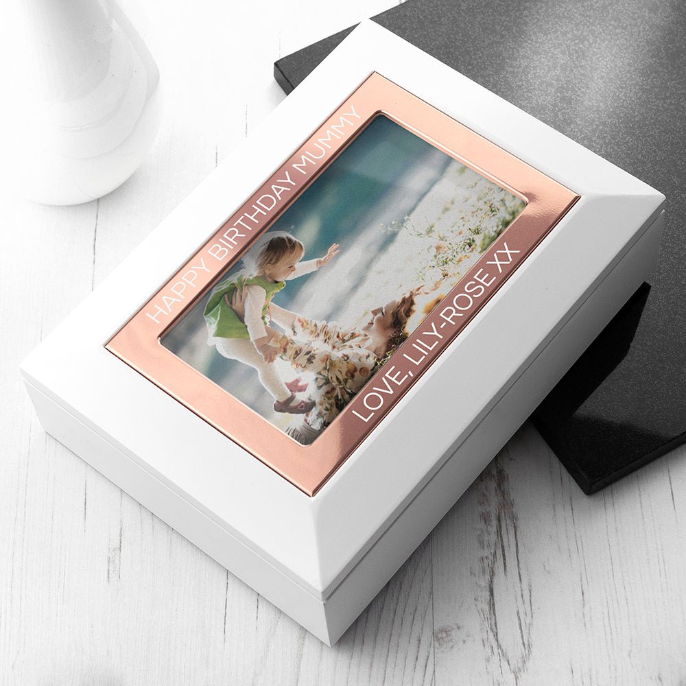 White and rose gold jewelry box with photo insert, 18x13cm, engravable frame, elegant storage gift.