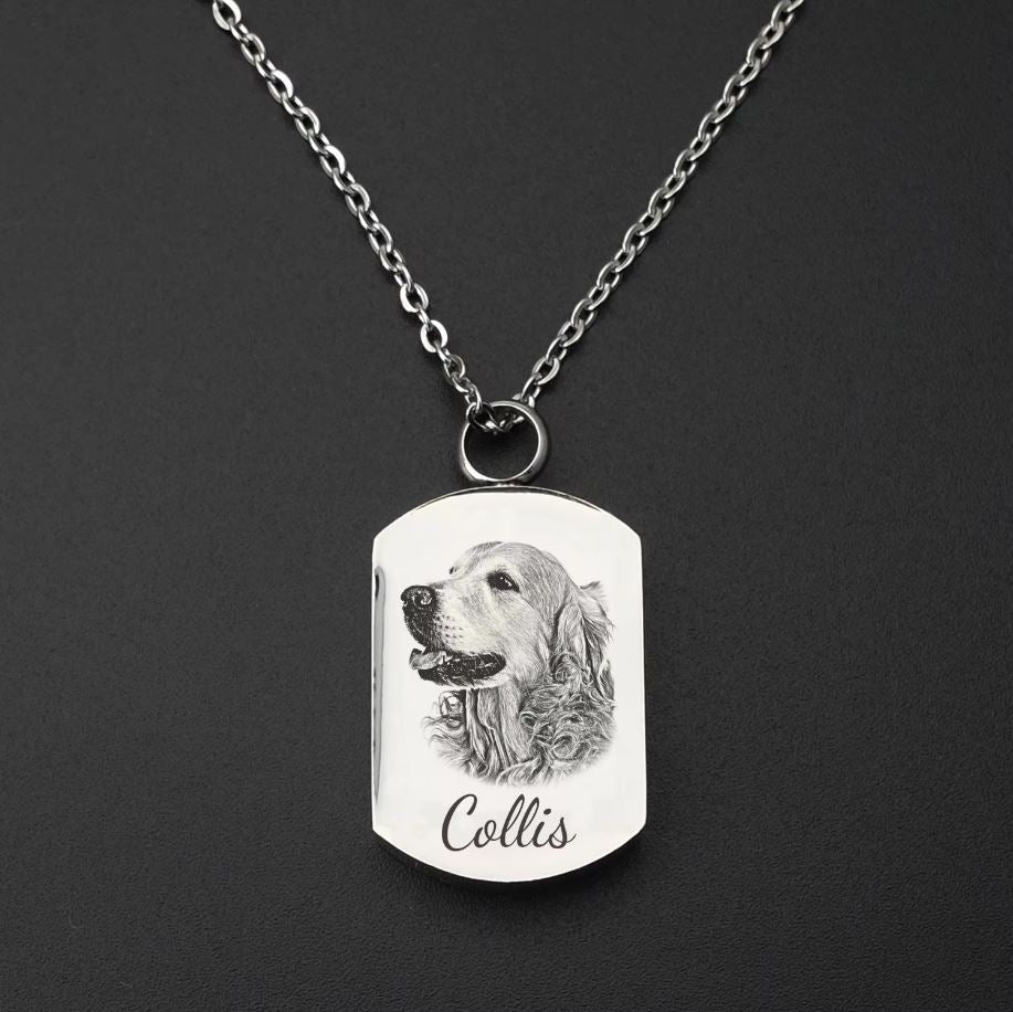 Keep your pet’s memory close with this personalised urn necklace, holding ashes and a cherished photo.