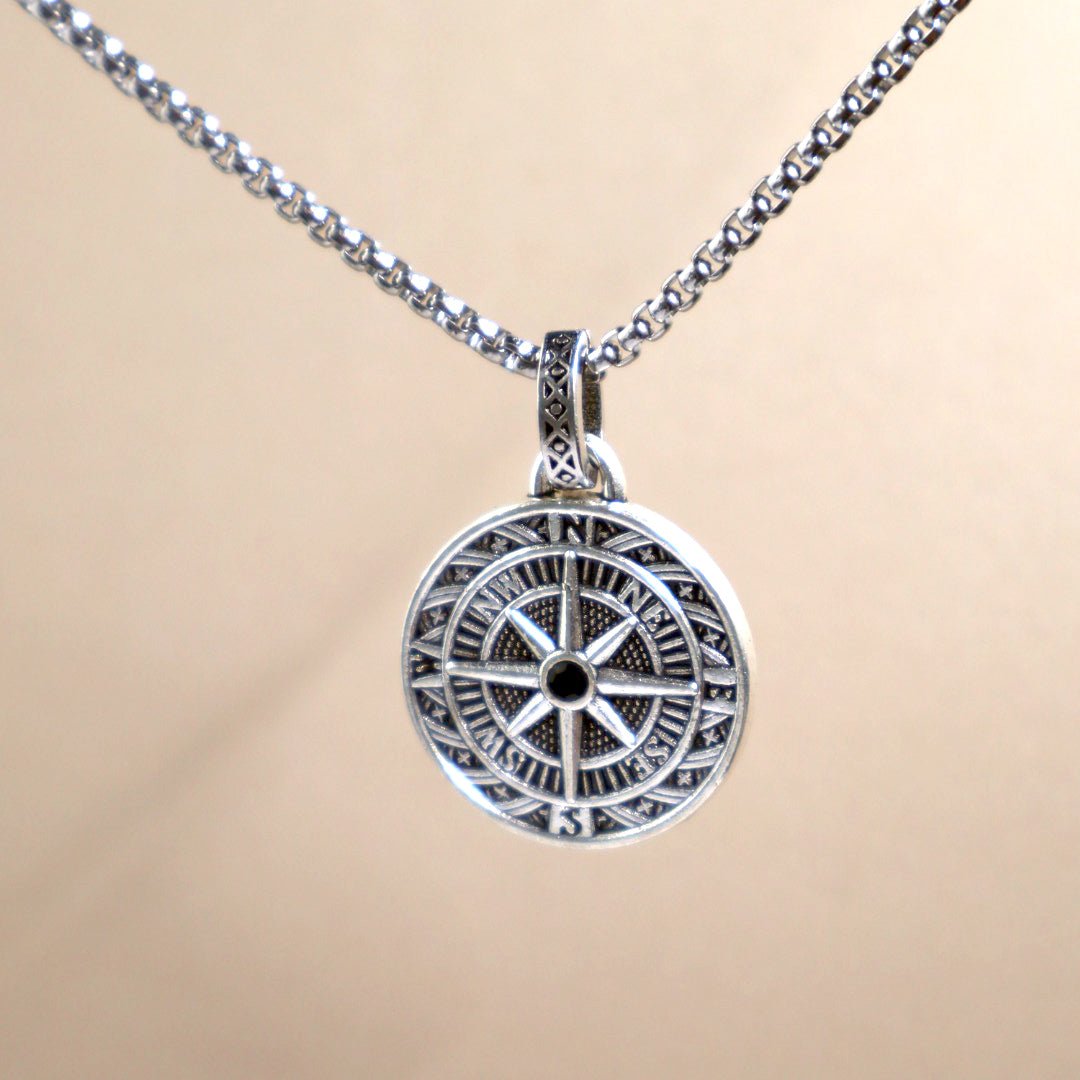 Men's Compass Necklace Engraved Memories Silver Chain