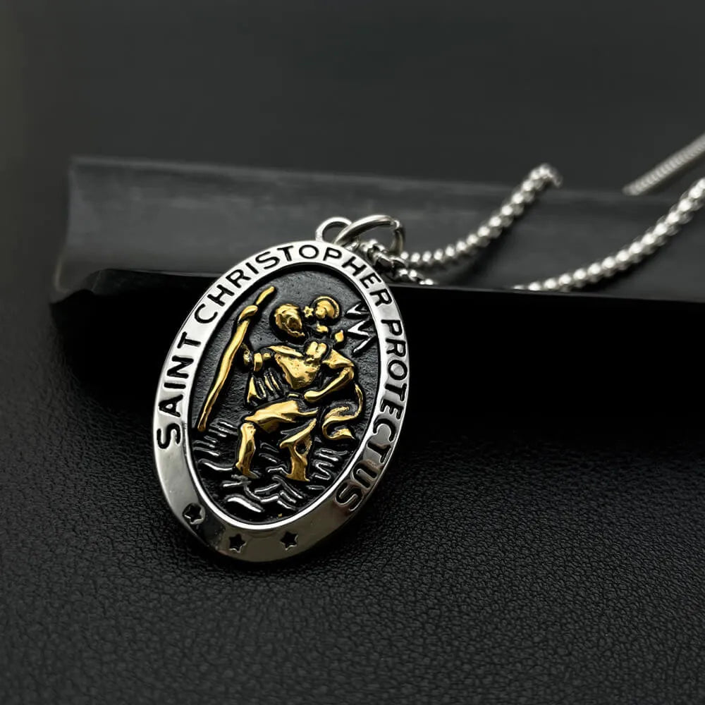 Men’s Saint Christopher necklace in solid stainless steel, 55cm chain, 28g pendant, customizable text