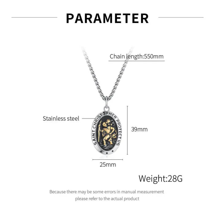 Men’s Saint Christopher necklace in solid stainless steel, 55cm chain, 28g pendant, customizable text