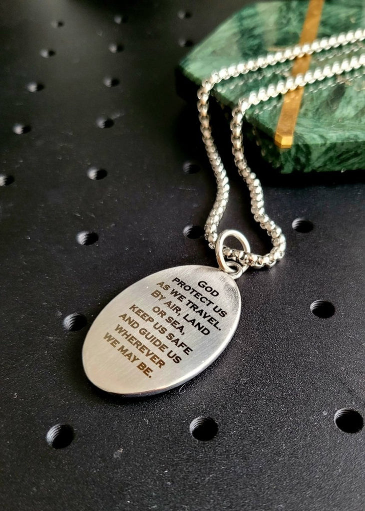 Men’s Saint Christopher necklace in solid stainless steel, 55cm chain, 28g pendant, customizable text