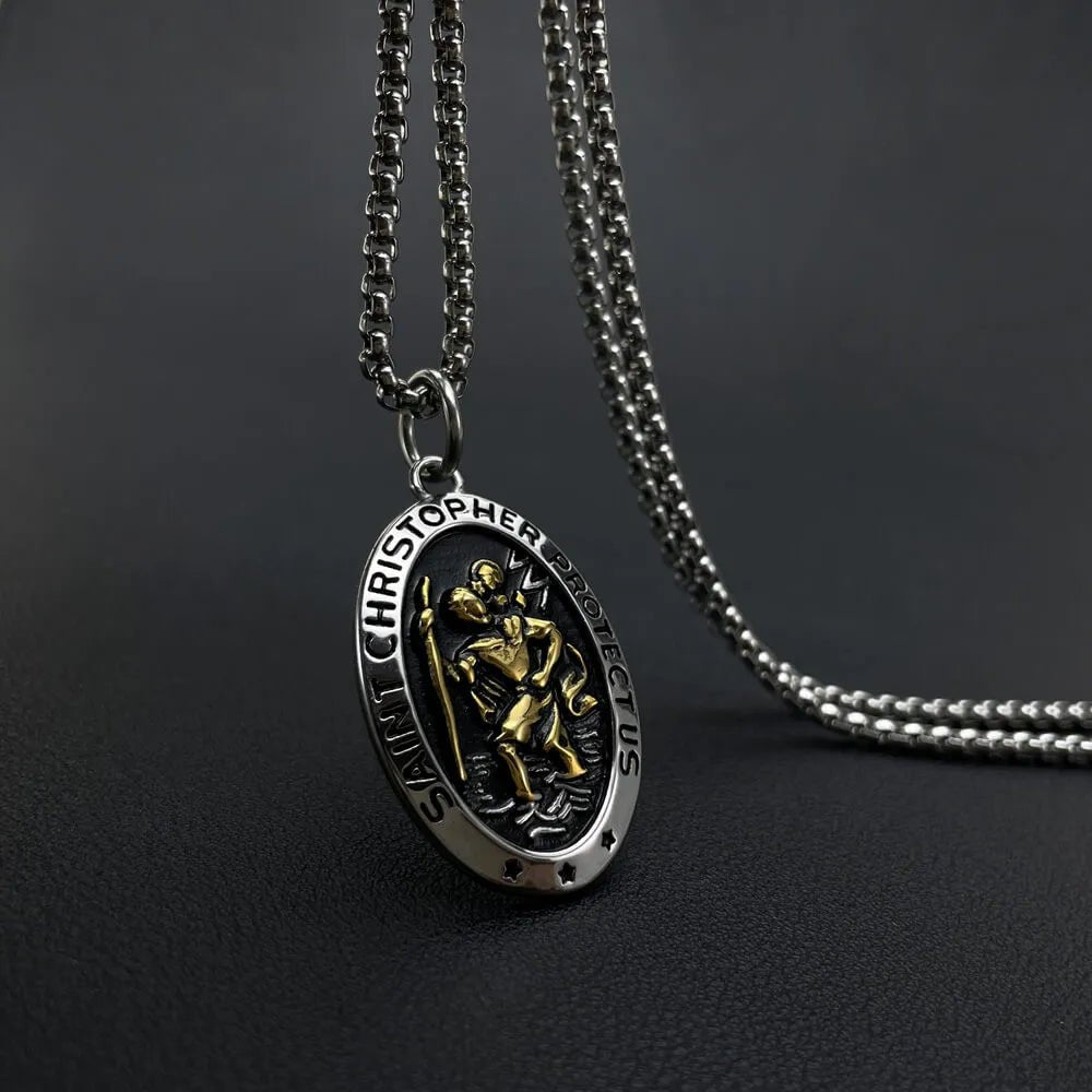 Men’s Saint Christopher necklace in solid stainless steel, 55cm chain, 28g pendant, customizable text