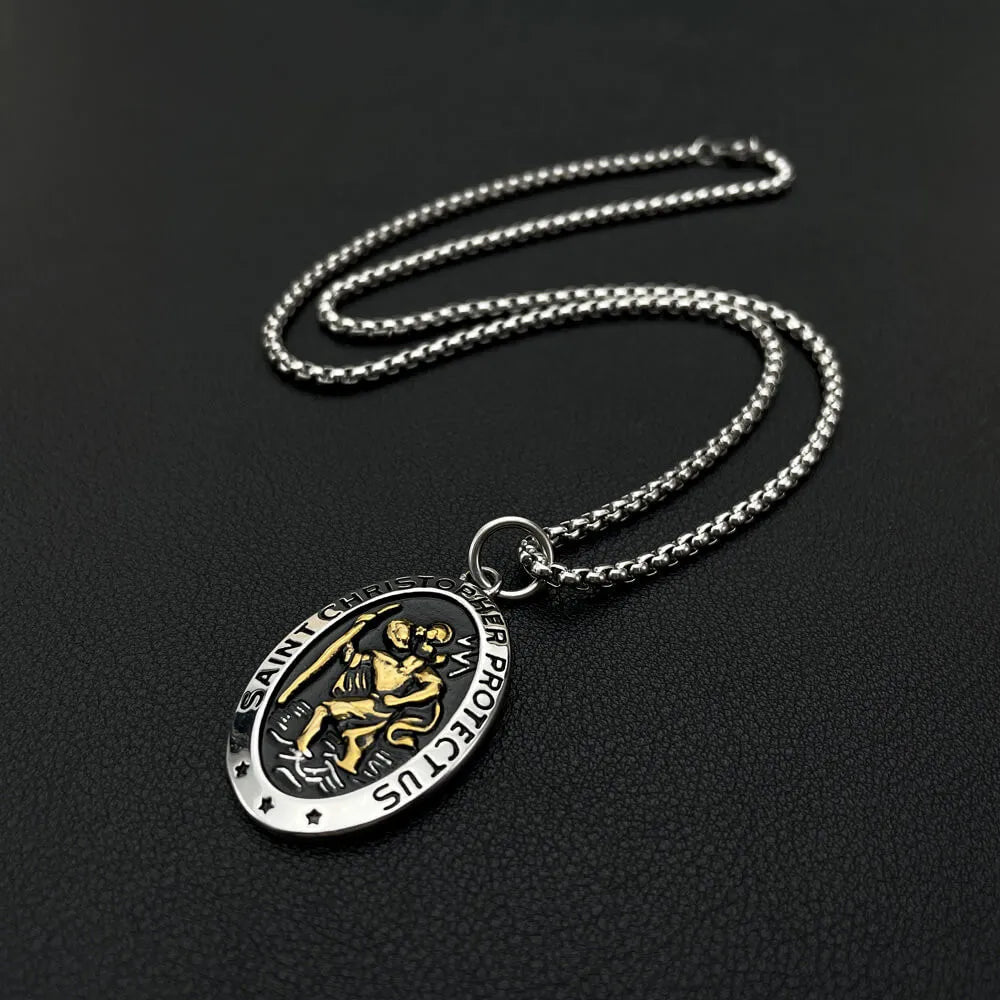 Men’s Saint Christopher necklace in solid stainless steel, 55cm chain, 28g pendant, customizable text