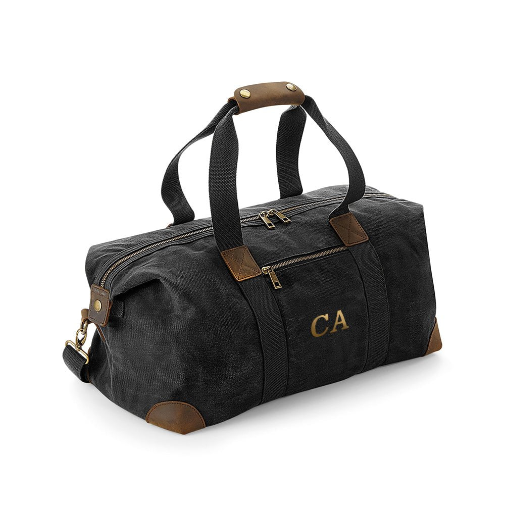 Monogrammed luxury waxed canvas holdall, vegan leather, 37L, personalized with up to 3 initials