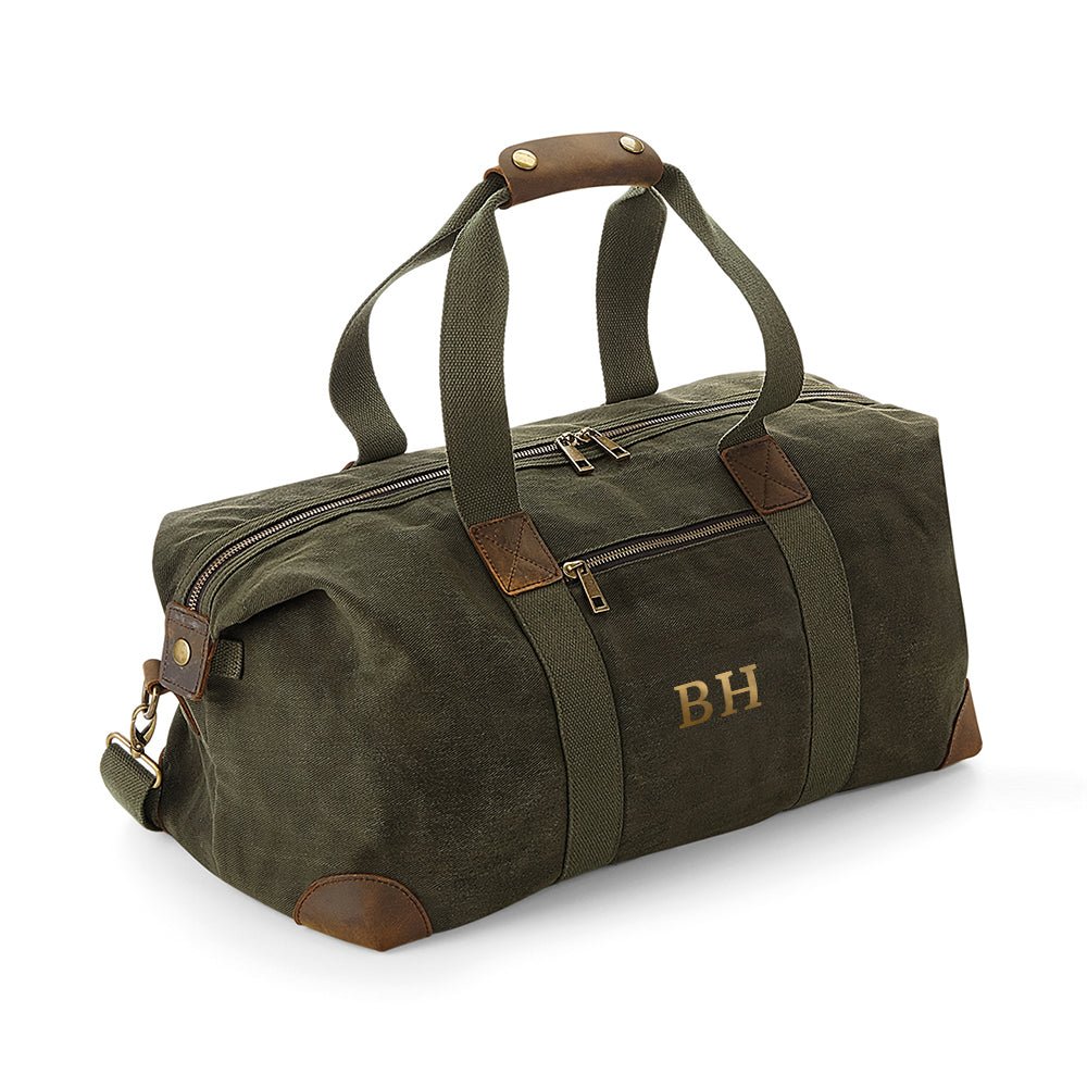 Monogrammed luxury waxed canvas holdall, vegan leather, 37L, personalized with up to 3 initials