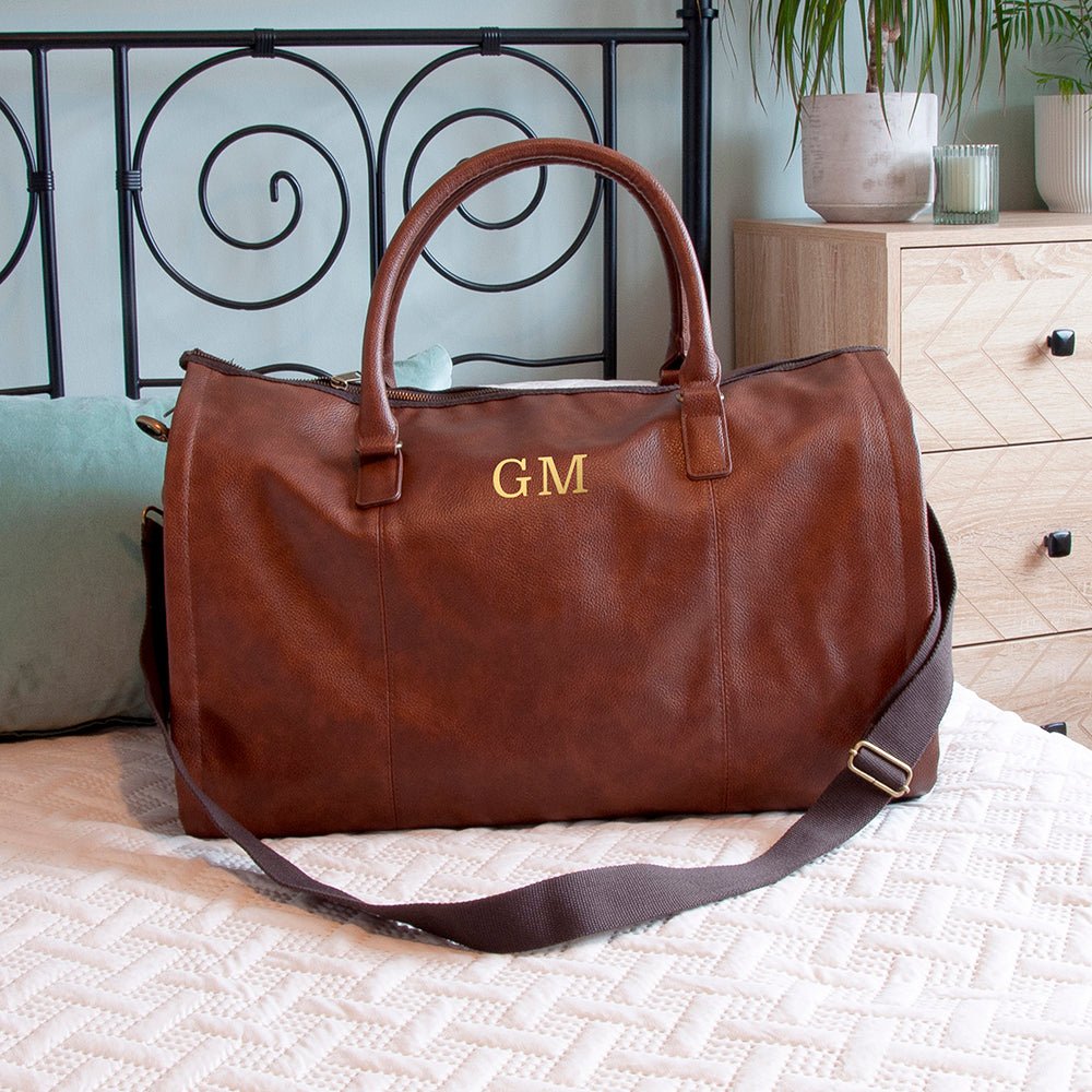 Monogrammed vegan leather business garment bag, 37L, black or brown, personalized with up to 3 initials.