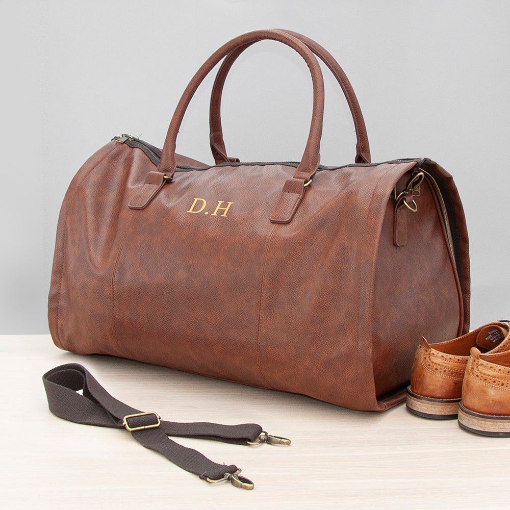 Monogrammed vegan leather travel suit bag, 37L, black or brown, personalized with up to 3 initials.
