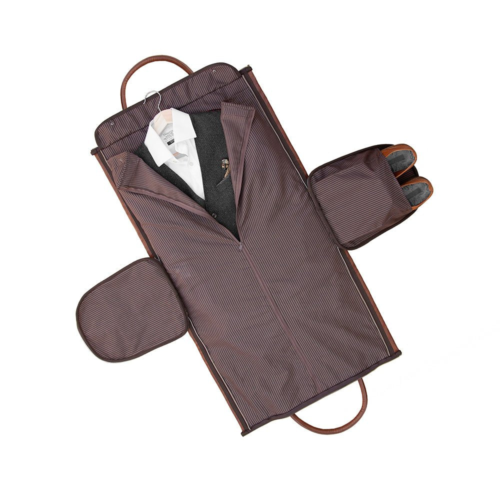 Monogrammed vegan leather travel suit bag, 37L, black or brown, personalized with up to 3 initials.