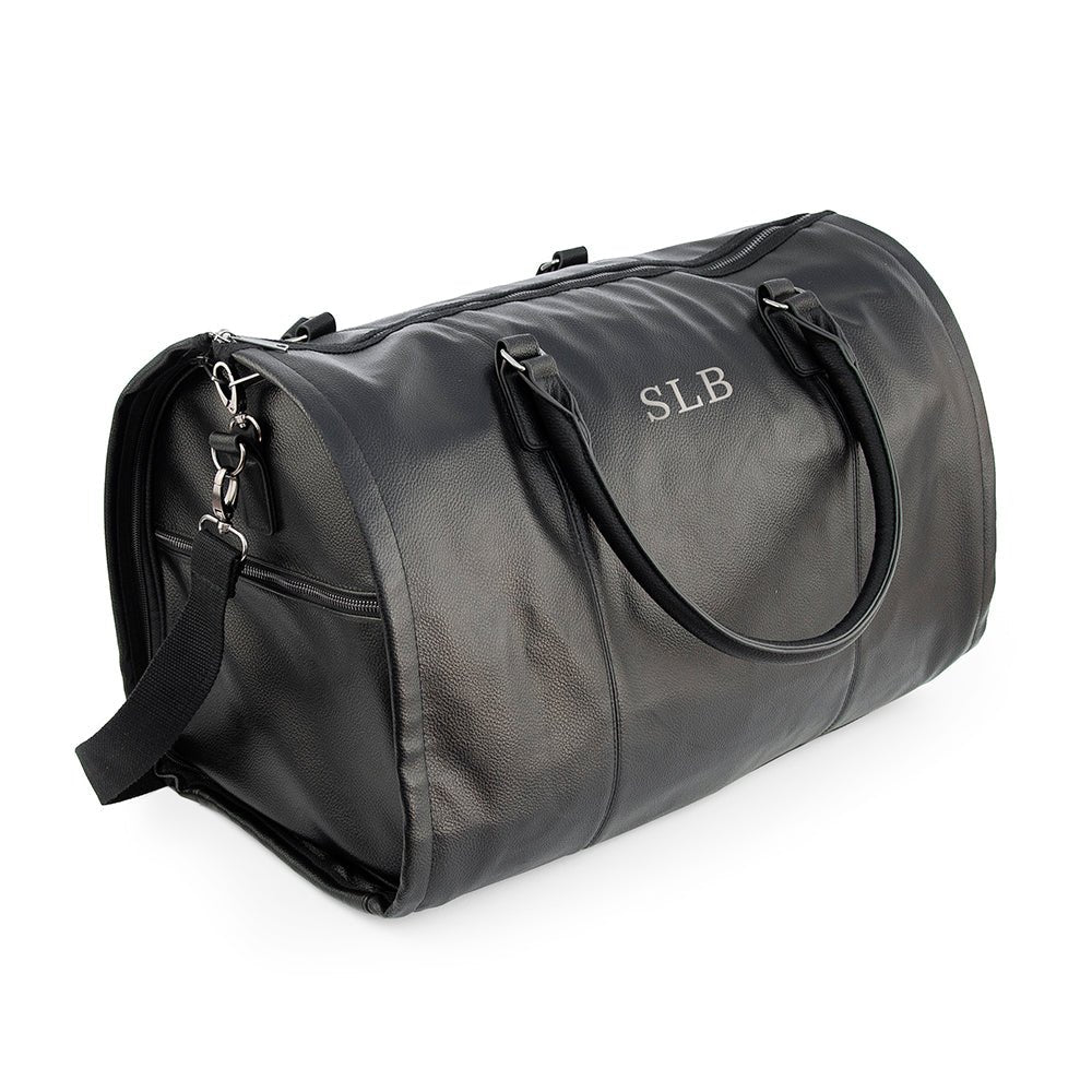 Monogrammed vegan leather travel suit bag, 37L, black or brown, personalized with up to 3 initials.