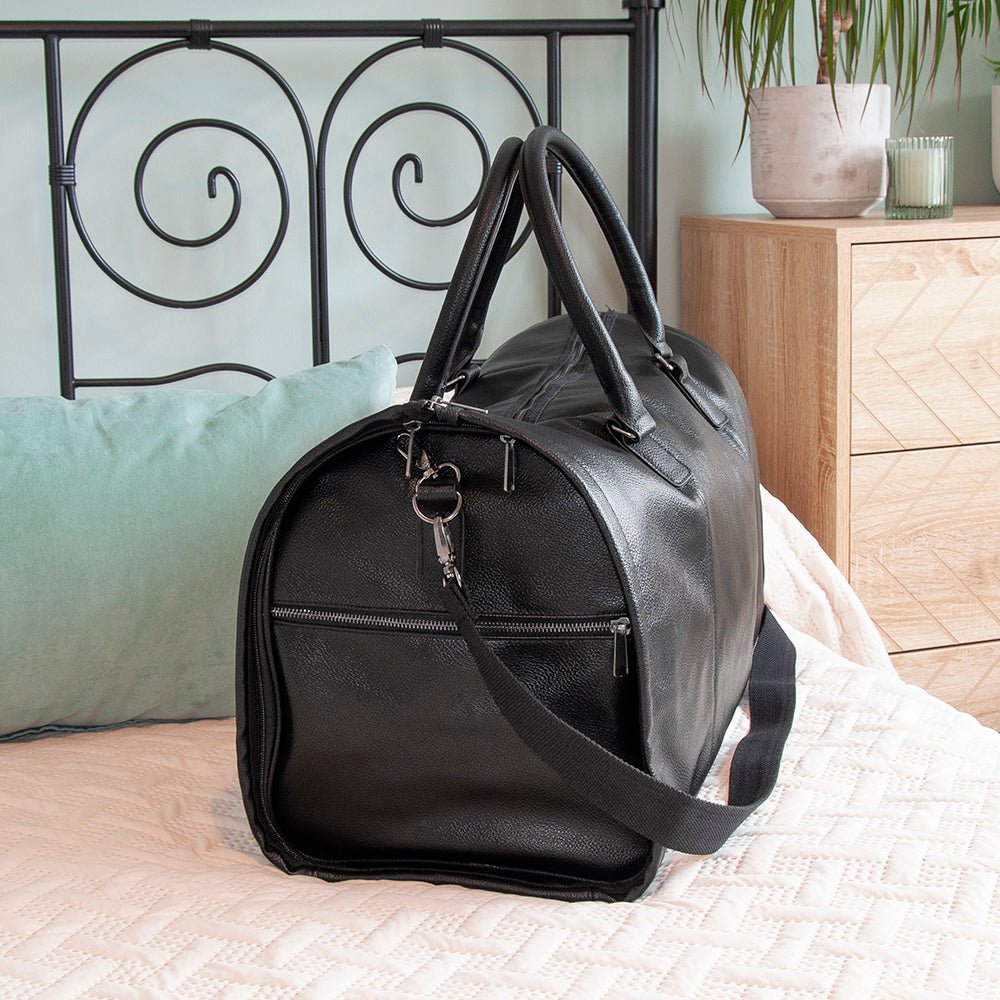 Monogrammed vegan leather travel suit bag, 37L, black or brown, personalized with up to 3 initials.