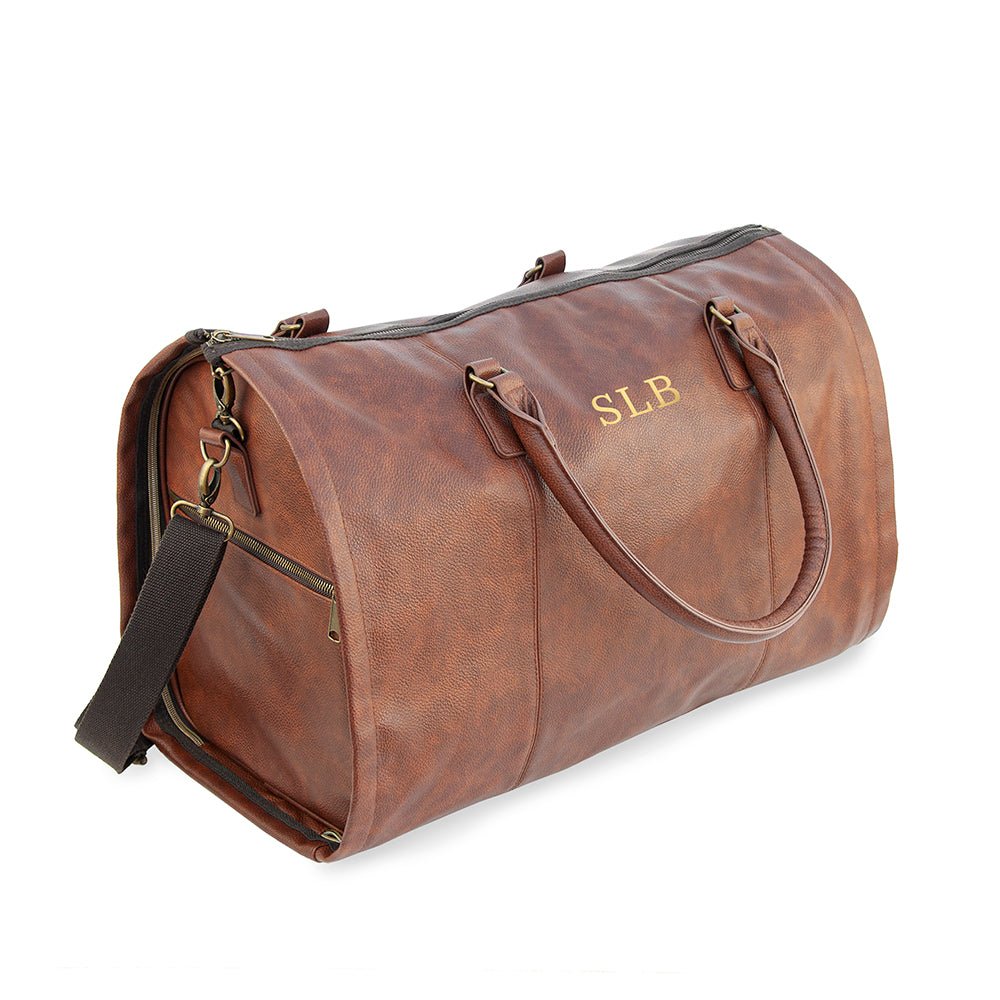 Monogrammed vegan leather travel suit bag, 37L, black or brown, personalized with up to 3 initials.