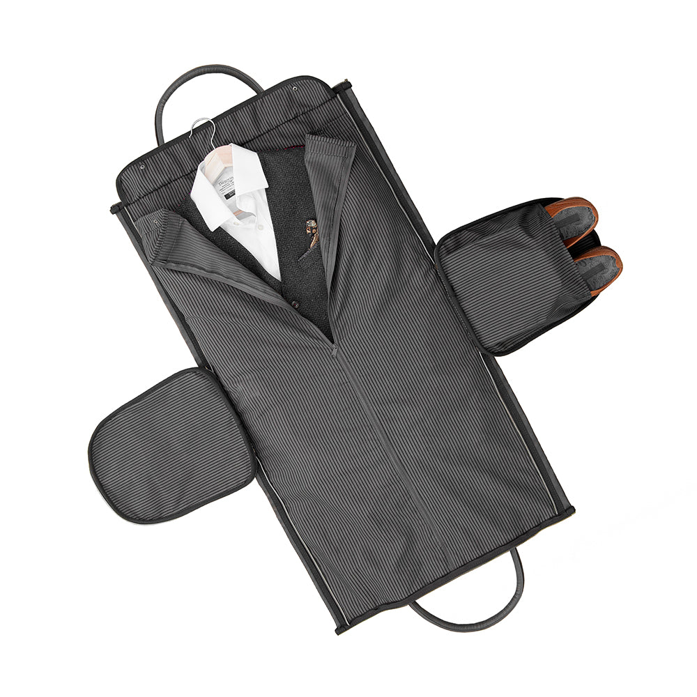 Monogrammed vegan leather travel suit bag, 37L, black or brown, personalized with up to 3 initials.