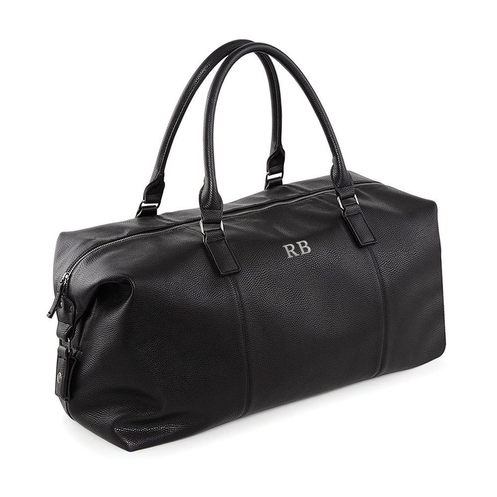Monogrammed vegan leather weekender holdall, 30L, black or brown, personalized with up to 3 initials.