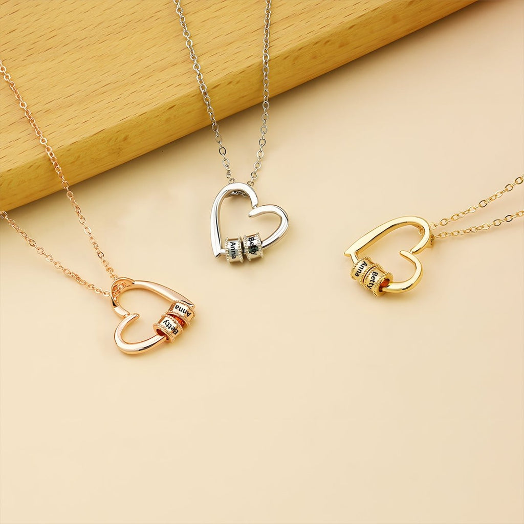 Mother’s Day heart-shaped necklace with name charms, gold/rose gold/steel, personalized, 45+5cm chain.