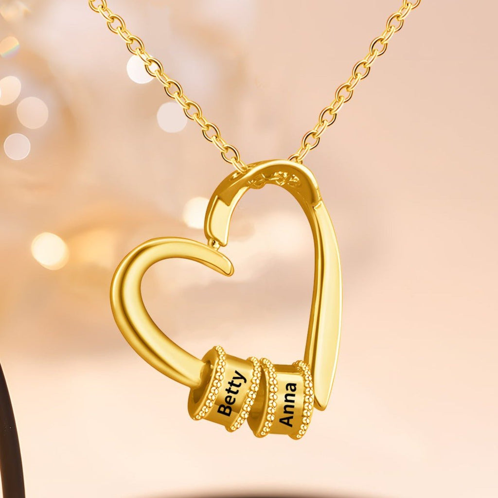Mother’s Day heart-shaped necklace with name charms, gold/rose gold/steel, personalized, 45+5cm chain.