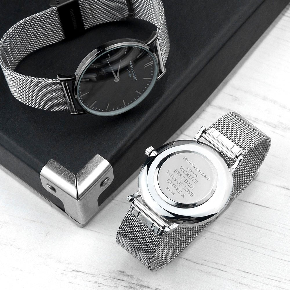 Personalized Mr Beaumont men’s metallic silver watch with black face, 41mm dial, stainless steel, engraved message.