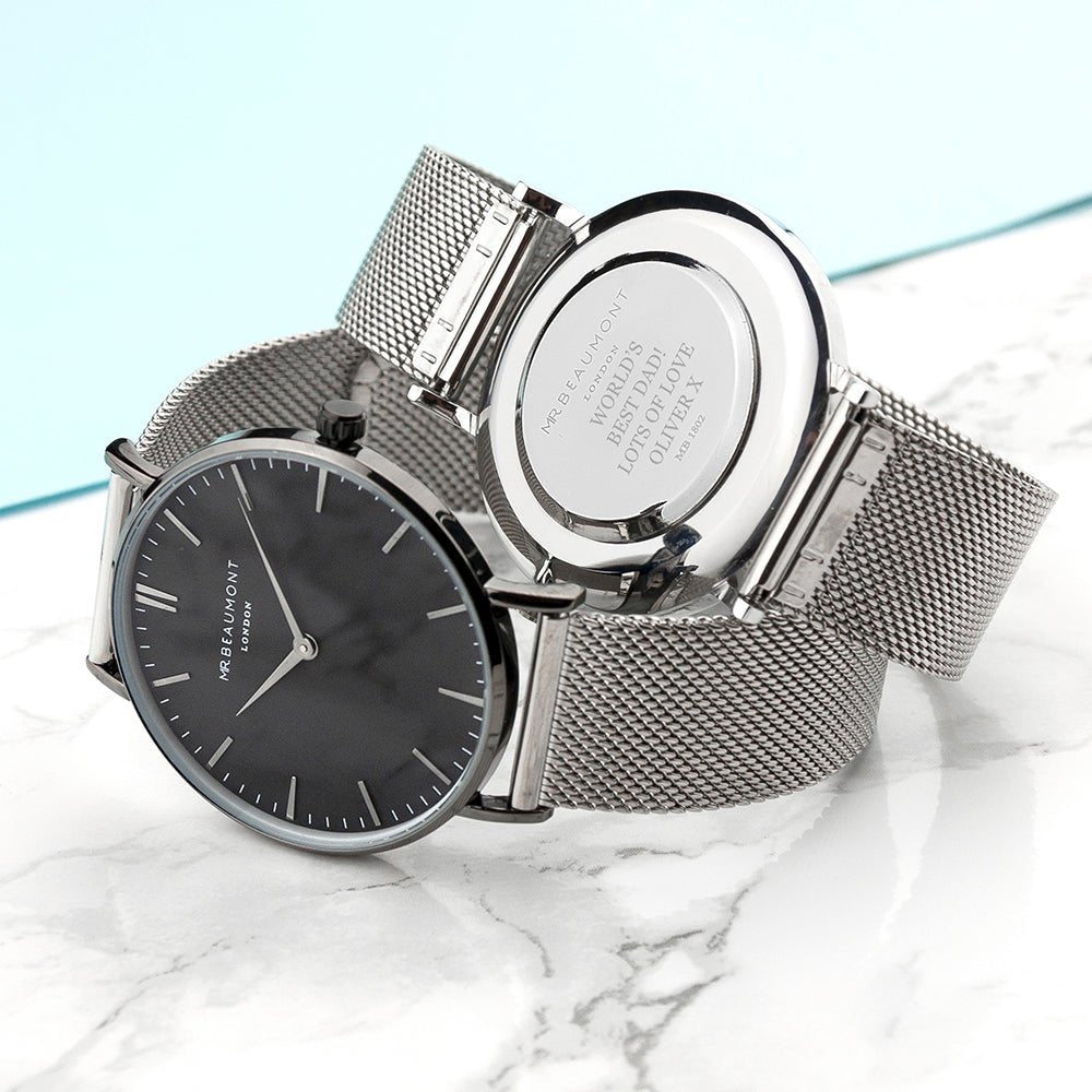 Personalized Mr Beaumont men’s metallic silver watch with black face, 41mm dial, stainless steel, engraved message.