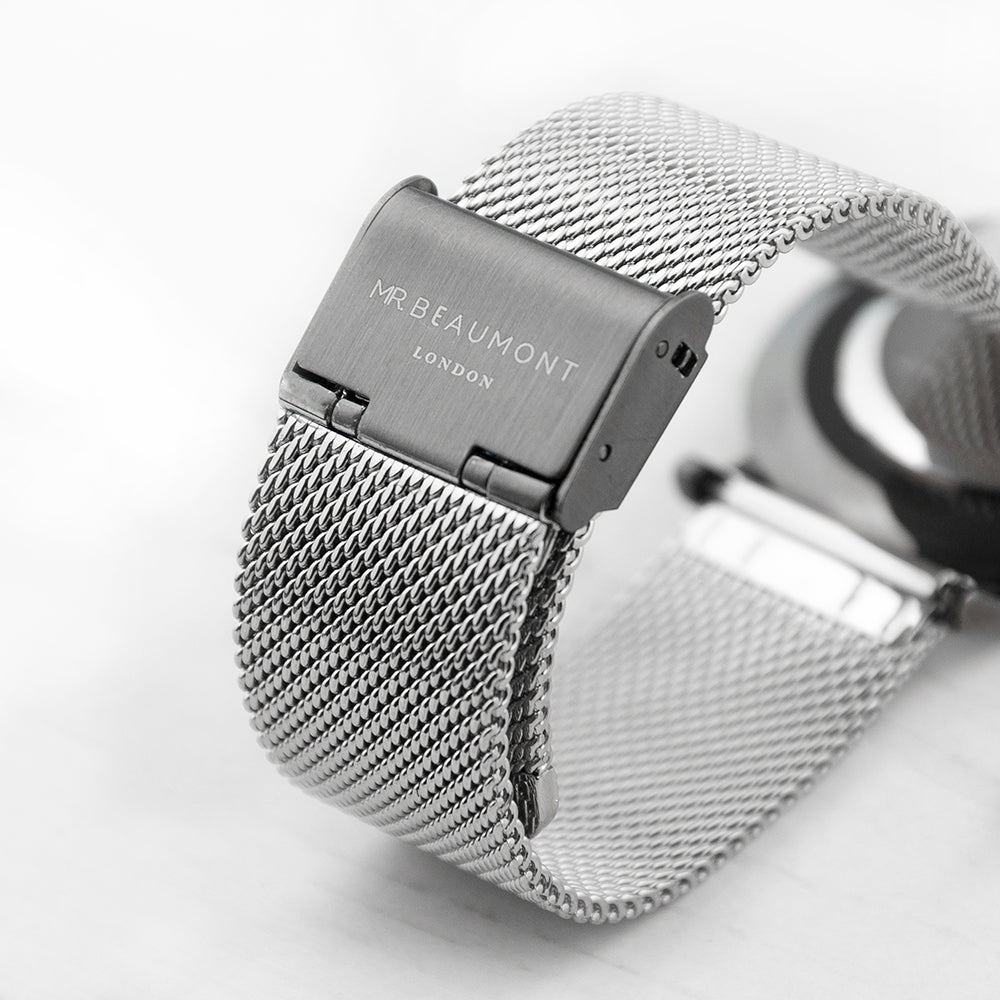 Personalized Mr Beaumont men’s metallic silver watch with black face, 41mm dial, stainless steel, engraved message.