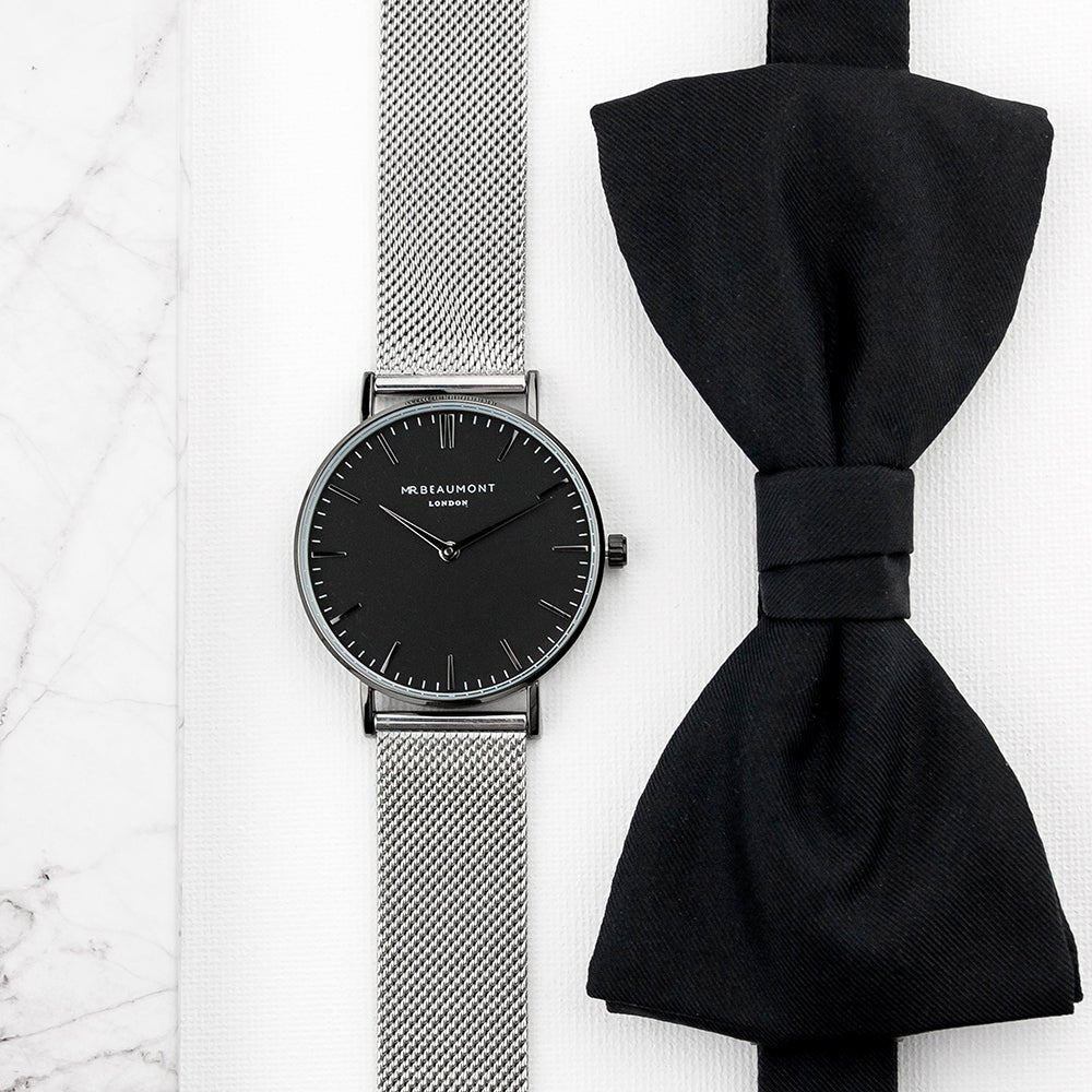 Personalized Mr Beaumont men’s metallic silver watch with black face, 41mm dial, stainless steel, engraved message.