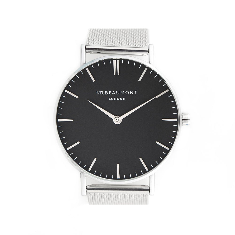Personalized Mr Beaumont men’s metallic silver watch with black face, 41mm dial, stainless steel, engraved message.