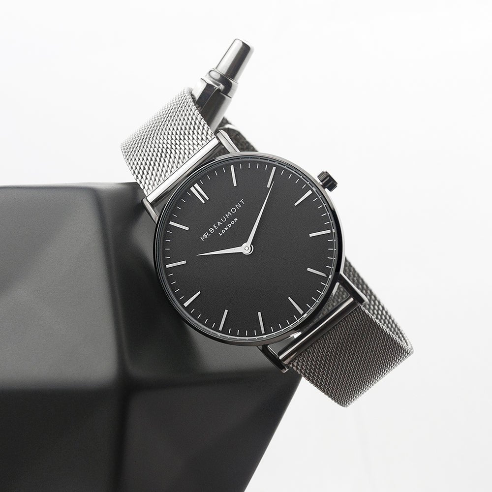 Personalized Mr Beaumont men’s metallic silver watch with black face, 41mm dial, stainless steel, engraved message.