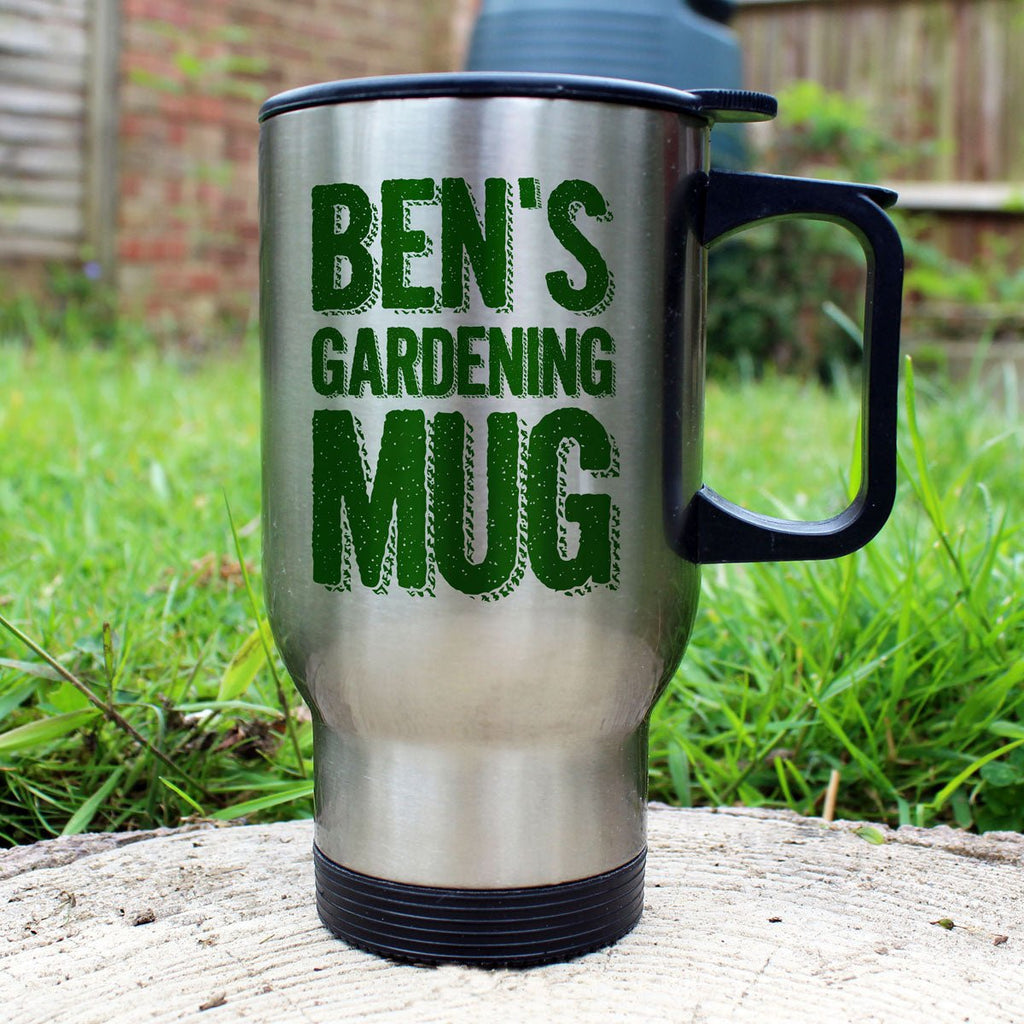 My Gardening Mug, stainless steel, dishwasher safe, personalized with first name, 15.5x12.5cm.