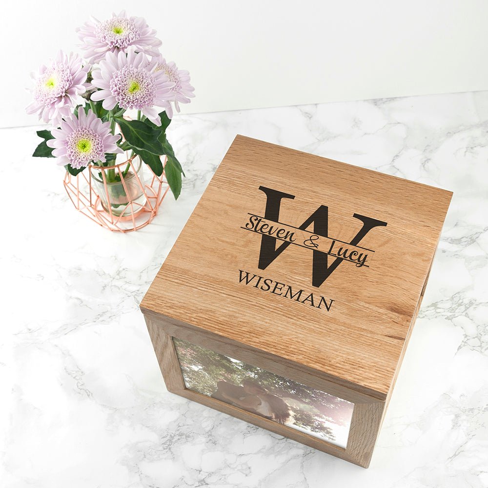 Personalised wooden photo box for newlyweds