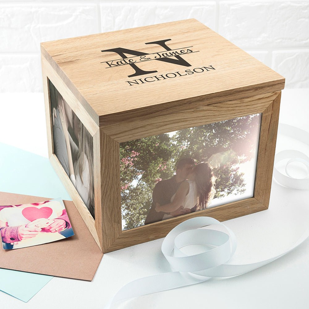 Monogrammed photo cube with couple’s names