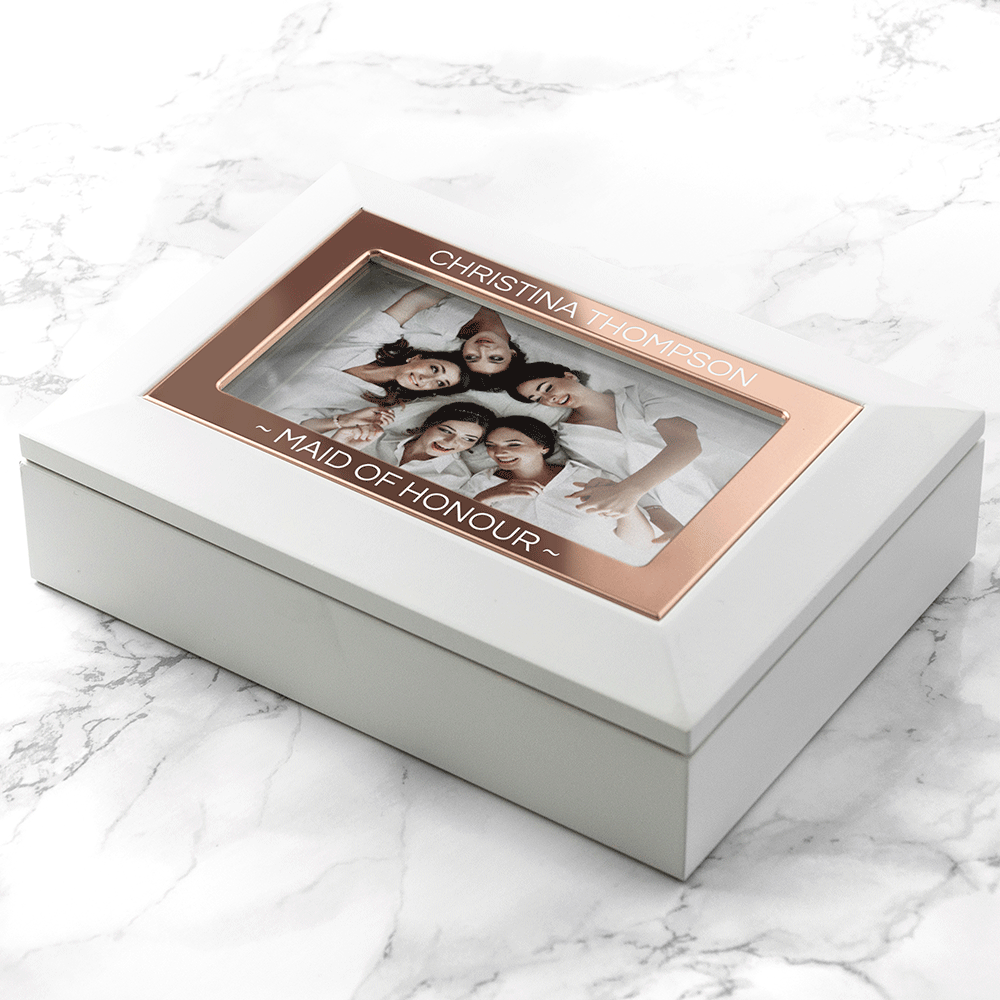 White and rose gold jewelry box with photo insert, 18x13cm, engravable frame, elegant storage gift.