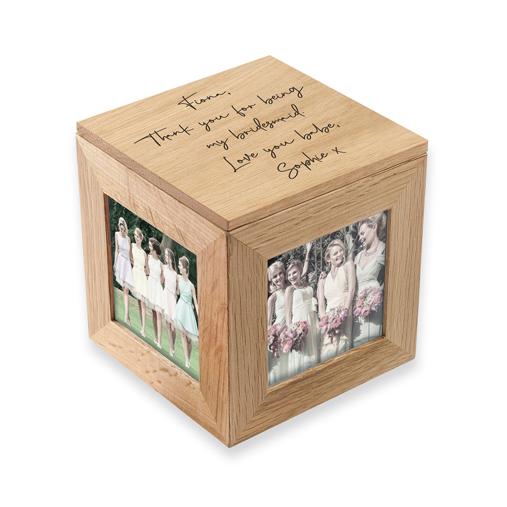 Oak photo cube with engraved handwritten message on top