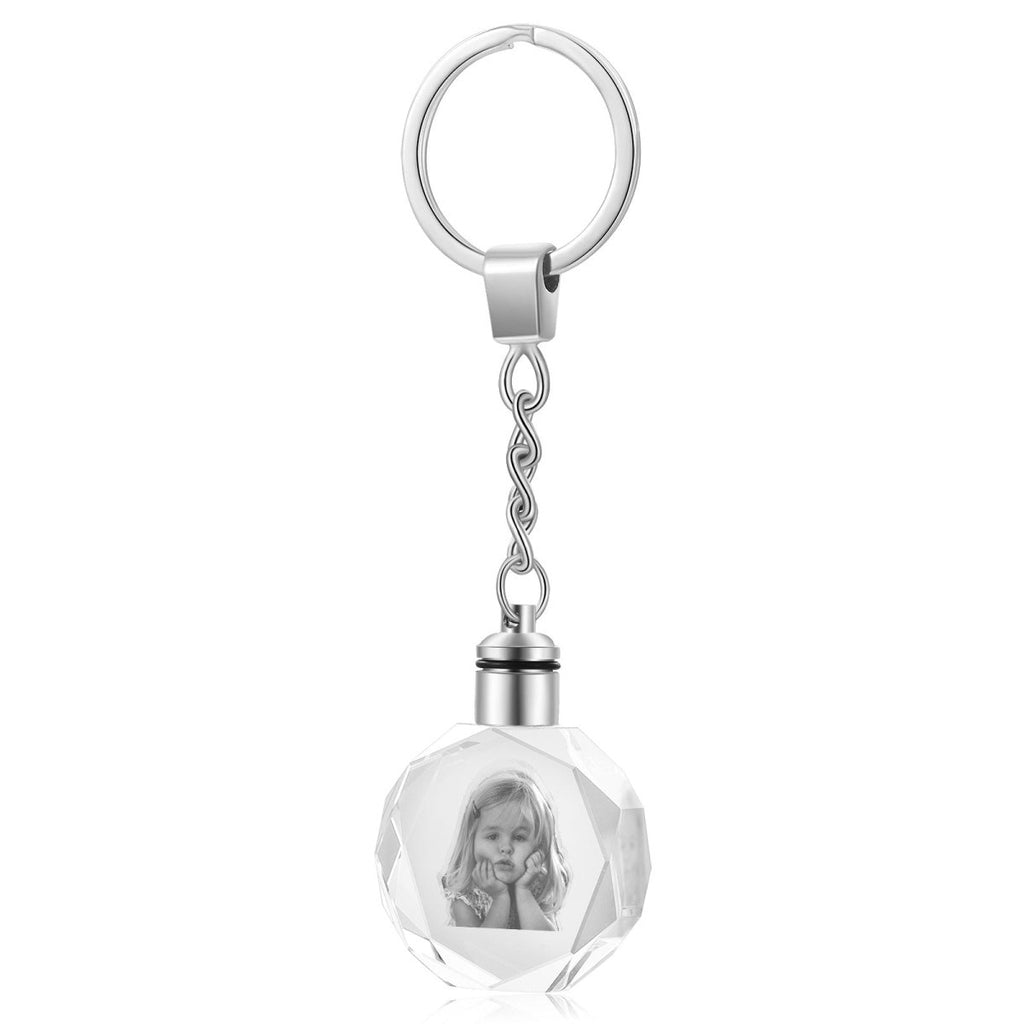 Custom 3D crystal keychain (30mm x 12mm x 30mm) engraved with your photo. A unique, heartfelt keepsake or gift.