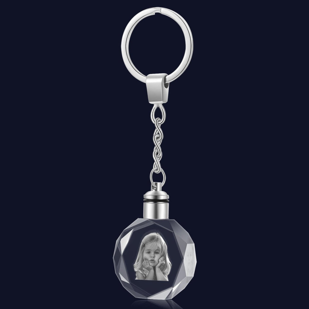 Custom 3D crystal keychain (30mm x 12mm x 30mm) engraved with your photo. A unique, heartfelt keepsake or gift.